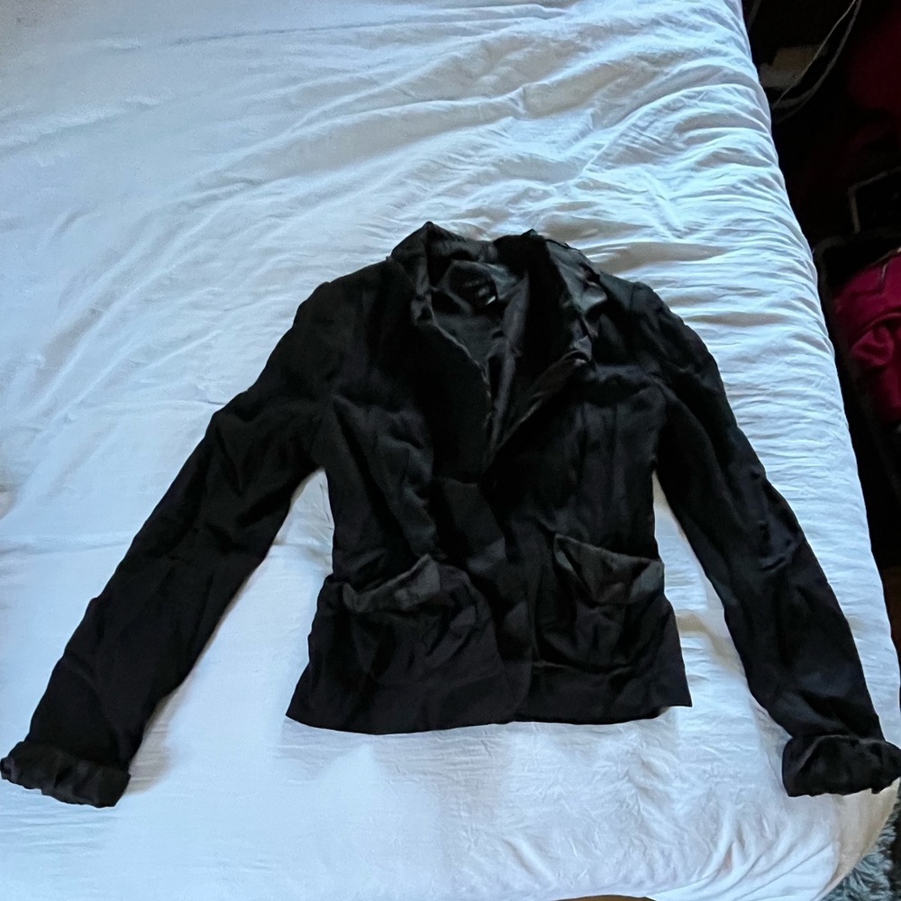 MARC JACOBS BLACK WOOL BLEND SILK TRIM FRONT POCKETS  1 BUTTON JACKET/BLAZER